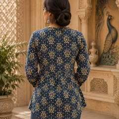 Dark Blue Floral Printed Rayon A-Line Kurti