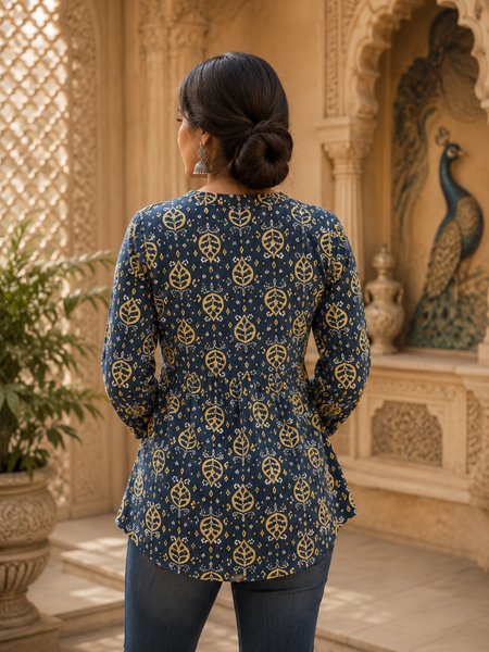 Dark Blue Floral Printed Rayon A-Line Kurti