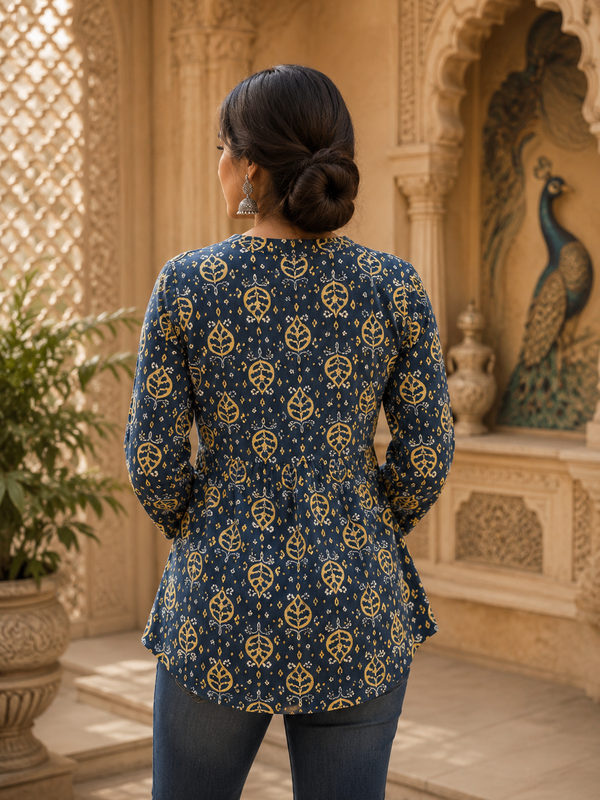 Dark Blue Floral Printed Rayon A-Line Kurti