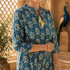 Dark Blue Floral Printed Rayon A-Line Kurti