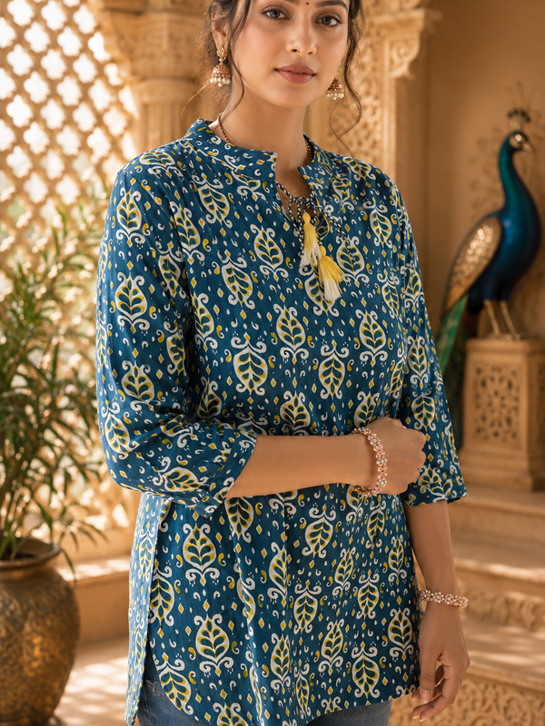 Dark Blue Floral Printed Rayon A-Line Kurti