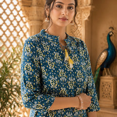 Dark Blue Floral Printed Rayon A-Line Kurti