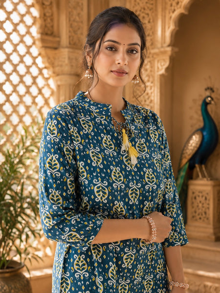 Dark Blue Floral Printed Rayon A-Line Kurti