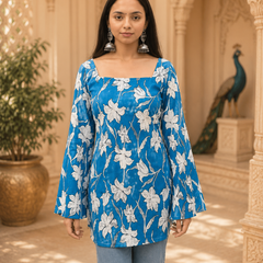 Blue Floral Printed Cotton Short Kurta