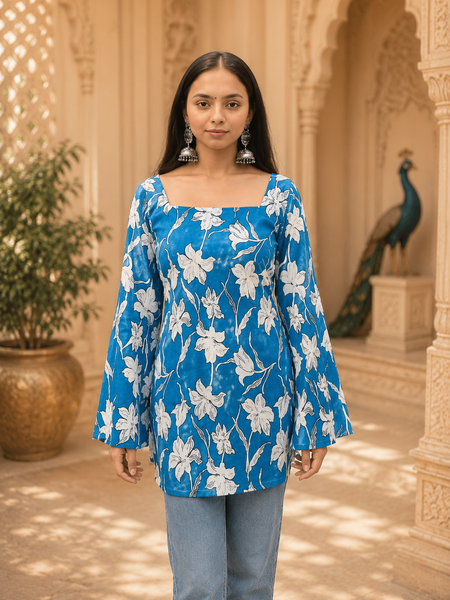 Blue Floral Printed Cotton Short Kurta