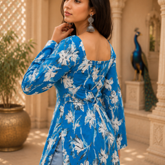 Blue Floral Printed Cotton Short Kurta