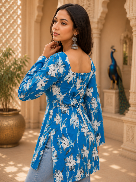 Blue Floral Printed Cotton Short Kurta