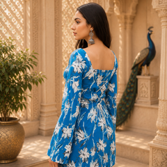 Blue Floral Printed Cotton Short Kurta