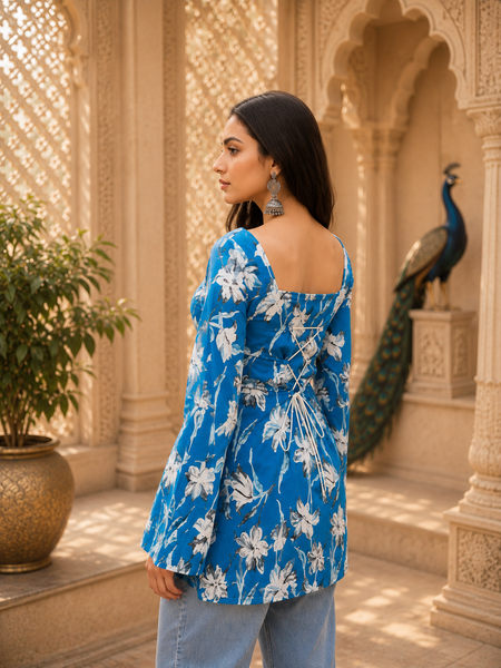 Blue Floral Printed Cotton Short Kurta