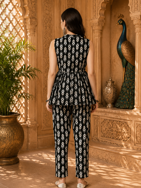 Black Ikat Printed Rayon Co-ord Set for Women