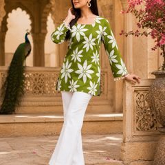 Green Floral Printed Cotton Kurti for Women
