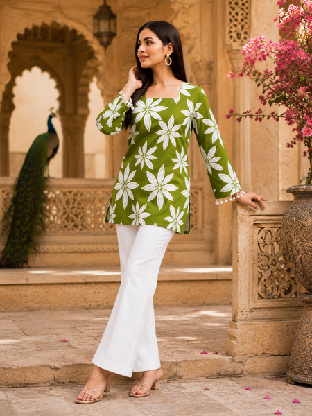 Green Floral Printed Cotton Kurti for Women