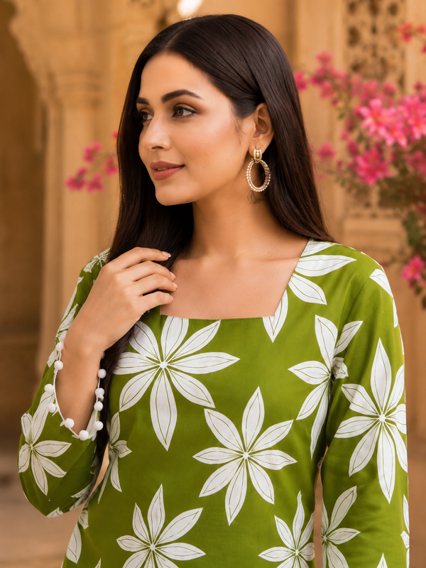 Green Floral Printed Cotton Kurti for Women