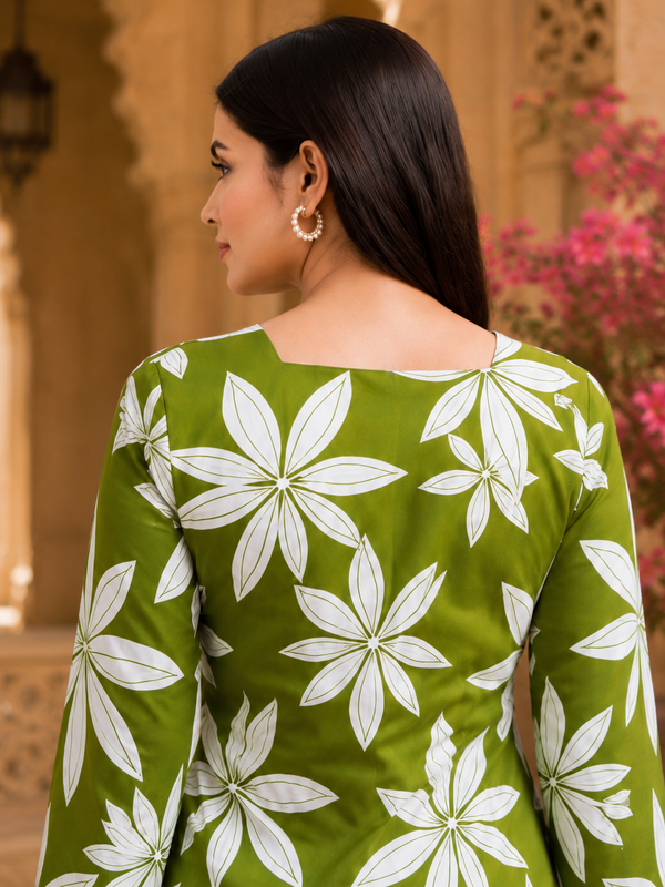 Green Floral Printed Cotton Kurti for Women