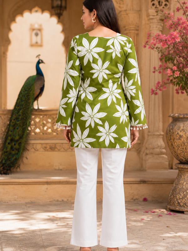 Green Floral Printed Cotton Kurti for Women