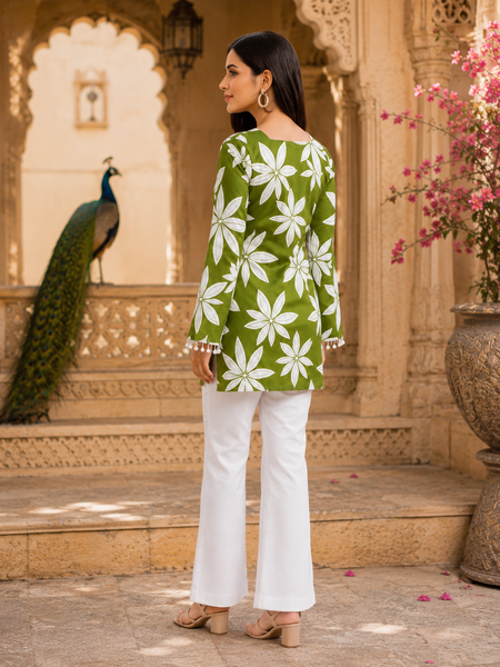 Green Floral Printed Cotton Kurti for Women