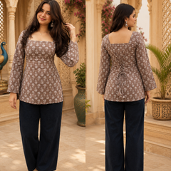 Brown Floral Printed Cotton Kurti for Women