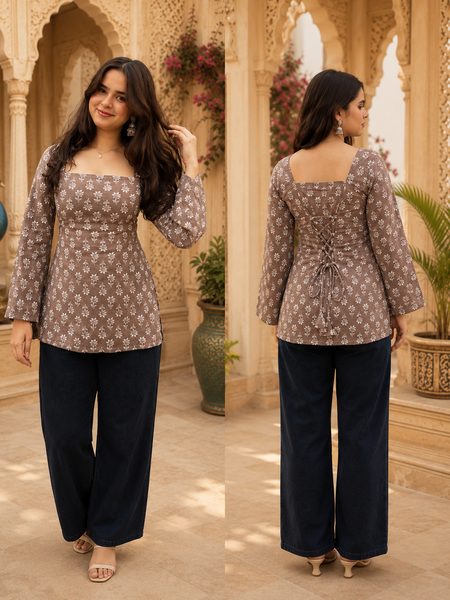 Brown Floral Printed Cotton Kurti for Women