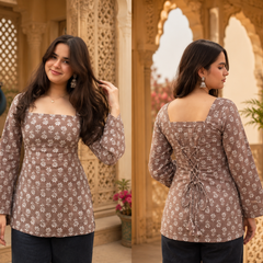 Brown Floral Printed Cotton Kurti for Women