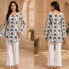 Black Floral Printed Cotton Kurta for Women