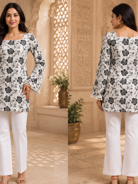 Black Floral Printed Cotton Kurta for Women