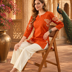Orange Floral Printed Cotton Kurta for Women