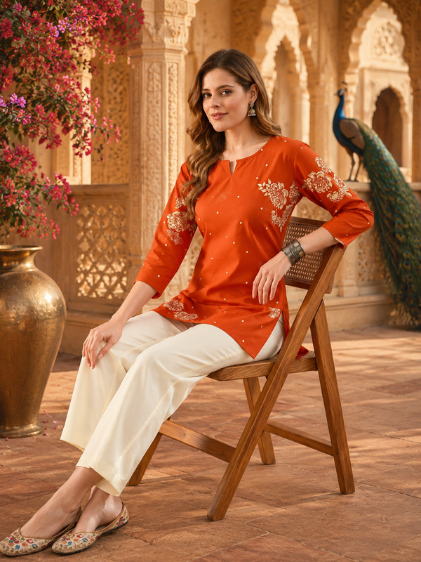 Orange Floral Printed Cotton Kurta for Women