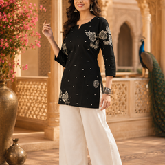 Black Floral Printed Cotton Kurta for Women