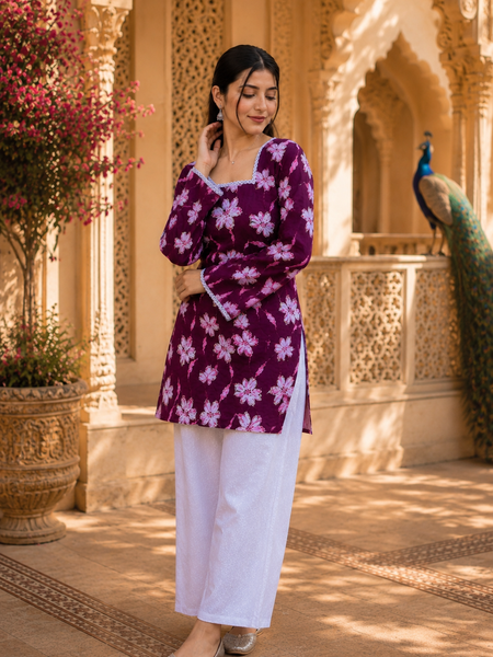 Purple Floral Printed Rayon Kurta for Women