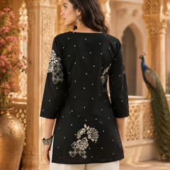 Black Floral Printed Cotton Kurta for Women