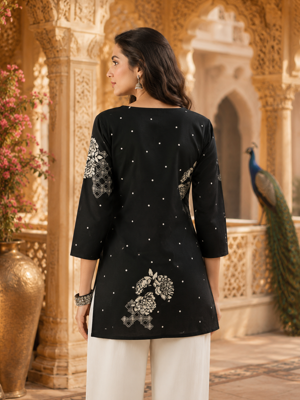 Black Floral Printed Cotton Kurta for Women