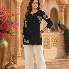 Black Floral Printed Cotton Kurta for Women
