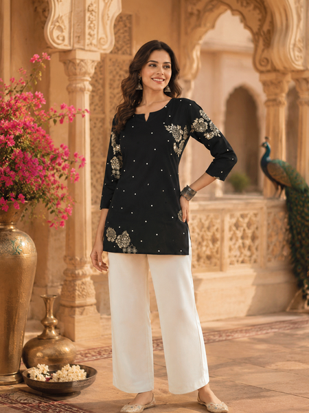 Black Floral Printed Cotton Kurta for Women