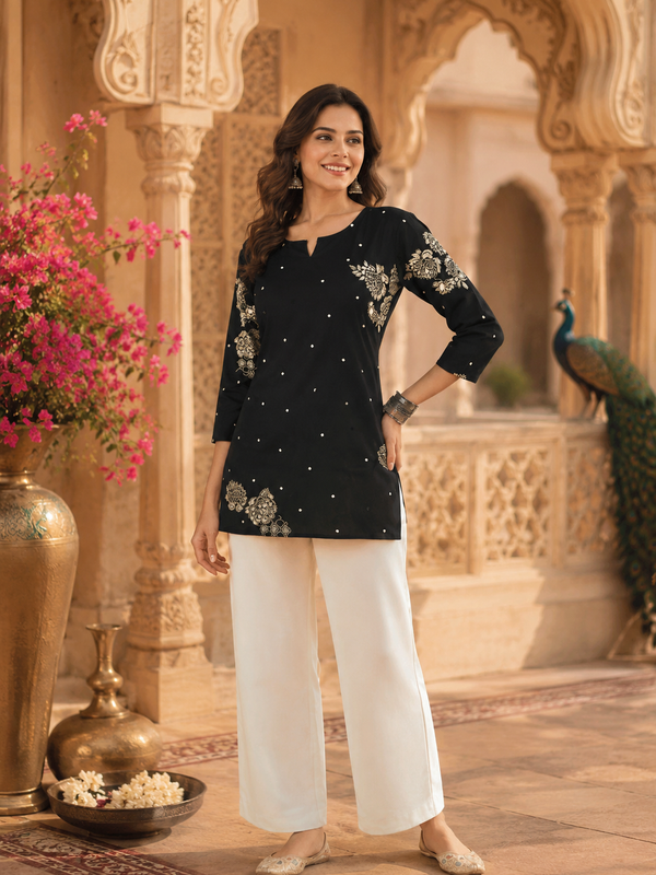 Black Floral Printed Cotton Kurta for Women