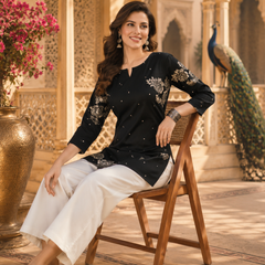 Black Floral Printed Cotton Kurta for Women