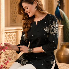 Black Floral Printed Cotton Kurta for Women