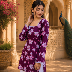Purple Floral Printed Rayon Kurta for Women