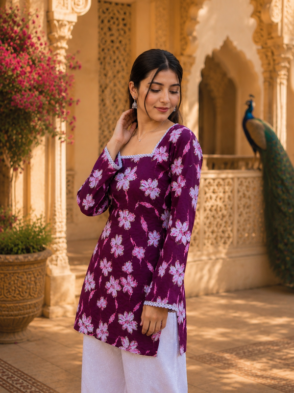 Purple Floral Printed Rayon Kurta for Women