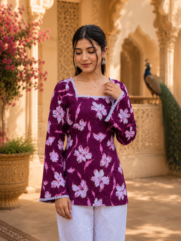 Purple Floral Printed Rayon Kurta for Women