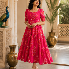 Pink Bandhani Print Rayon Midi Dress for Women