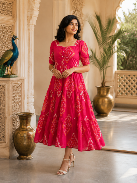 Pink Bandhani Print Rayon Midi Dress for Women