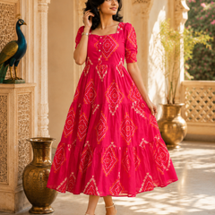 Pink Bandhani Print Rayon Midi Dress for Women