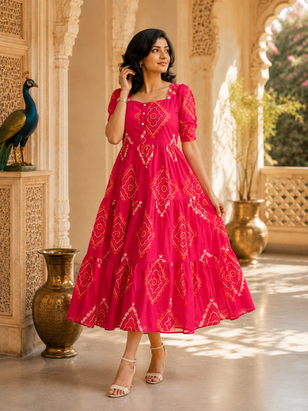 Pink Bandhani Print Rayon Midi Dress for Women