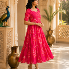 Pink Bandhani Print Rayon Midi Dress for Women