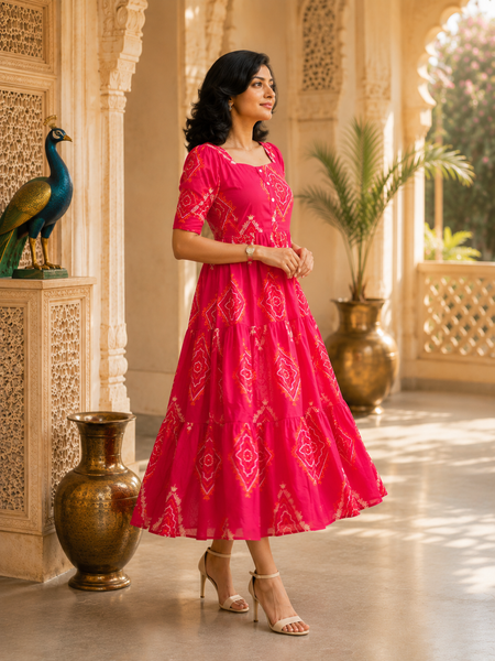 Pink Bandhani Print Rayon Midi Dress for Women