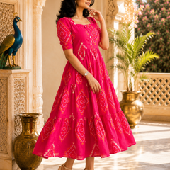 Pink Bandhani Print Rayon Midi Dress for Women