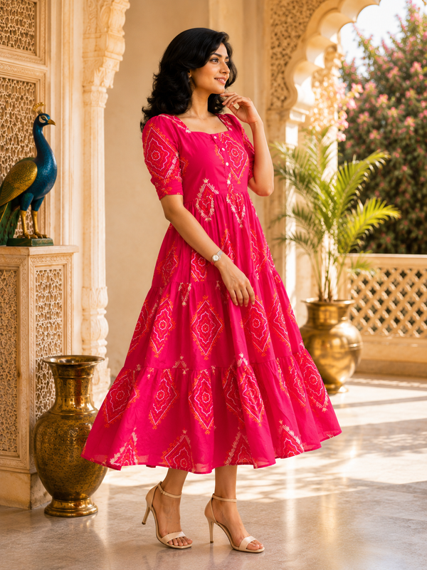 Pink Bandhani Print Rayon Midi Dress for Women