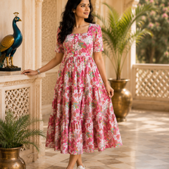 Pink Floral Printed Cotton Maxi Dress for Women