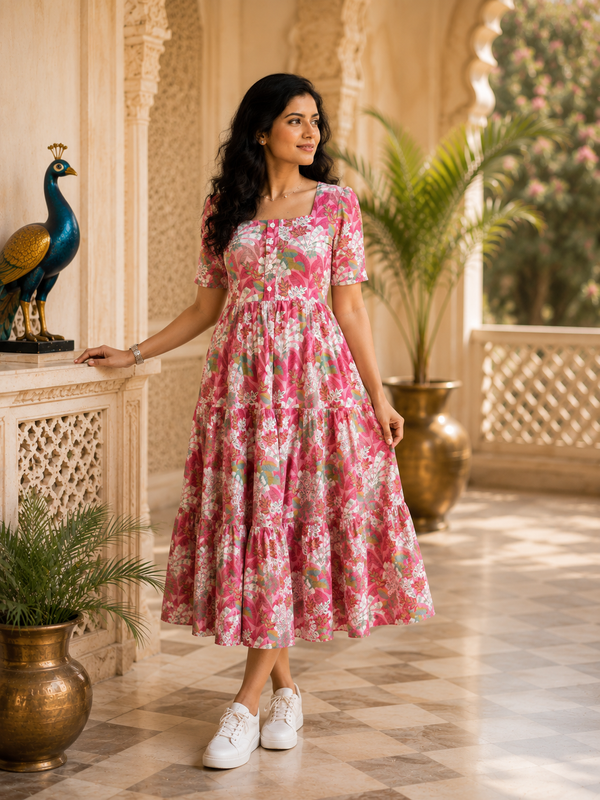 Pink Floral Printed Cotton Maxi Dress for Women