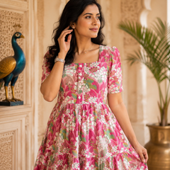 Pink Floral Printed Cotton Maxi Dress for Women
